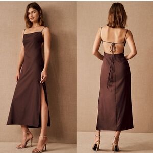BHLDN Gavin Brown Open-Back Tie Slip Dress in Cocoa Plum size 12 Brown Midi